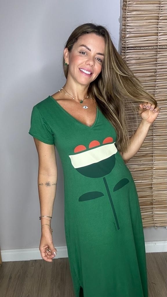 Vestido Gola V  Tulipa Verde Bandeira