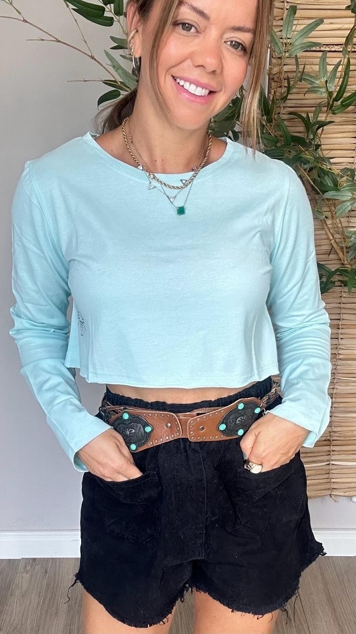 Cropped Manga Longa Azul Bebê