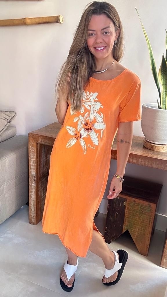 Dress Midi Manga Flores Laranja Cítrico
