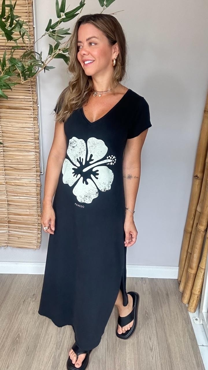 Vestido Gola V Hibísco Preto