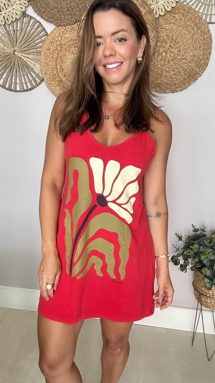 Vestido Curto Alça Pintura Da Flor Vermelho