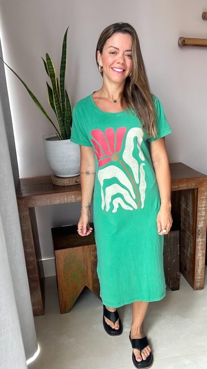 Dress Midi Manga Pintura Da Flor Verde Especial