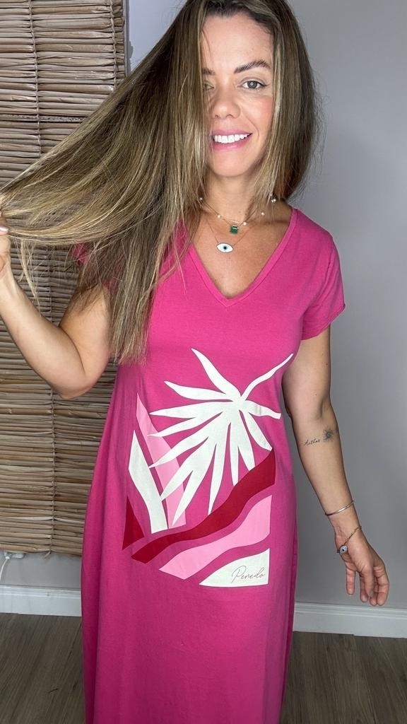 Vestido Gola V  Folha Pink