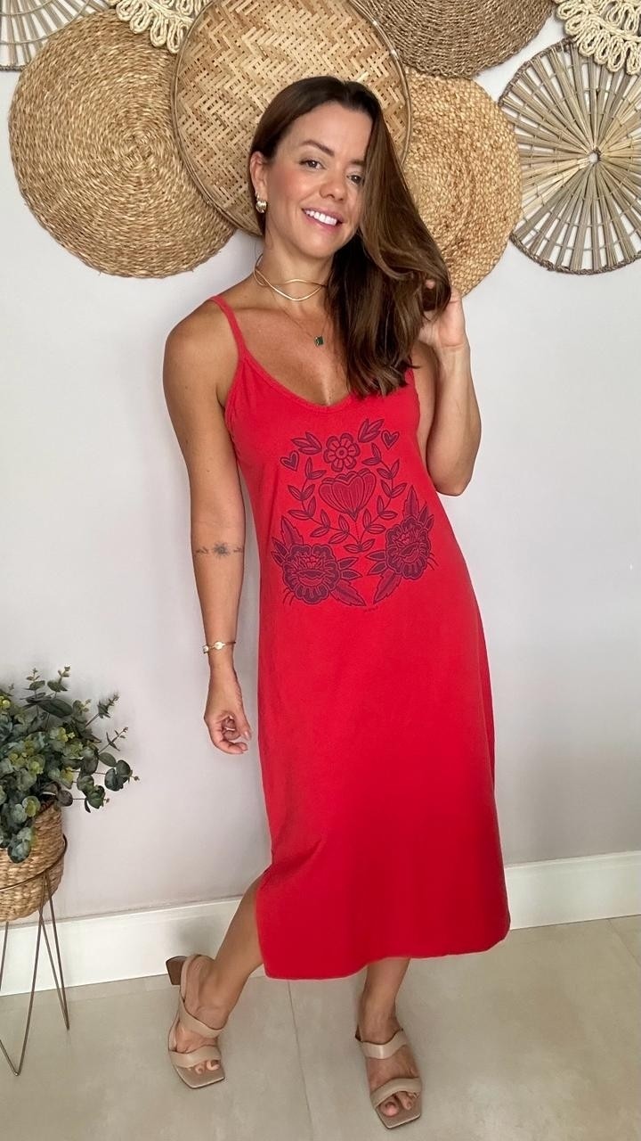 Vestido Midi Alça Flores Vermelho