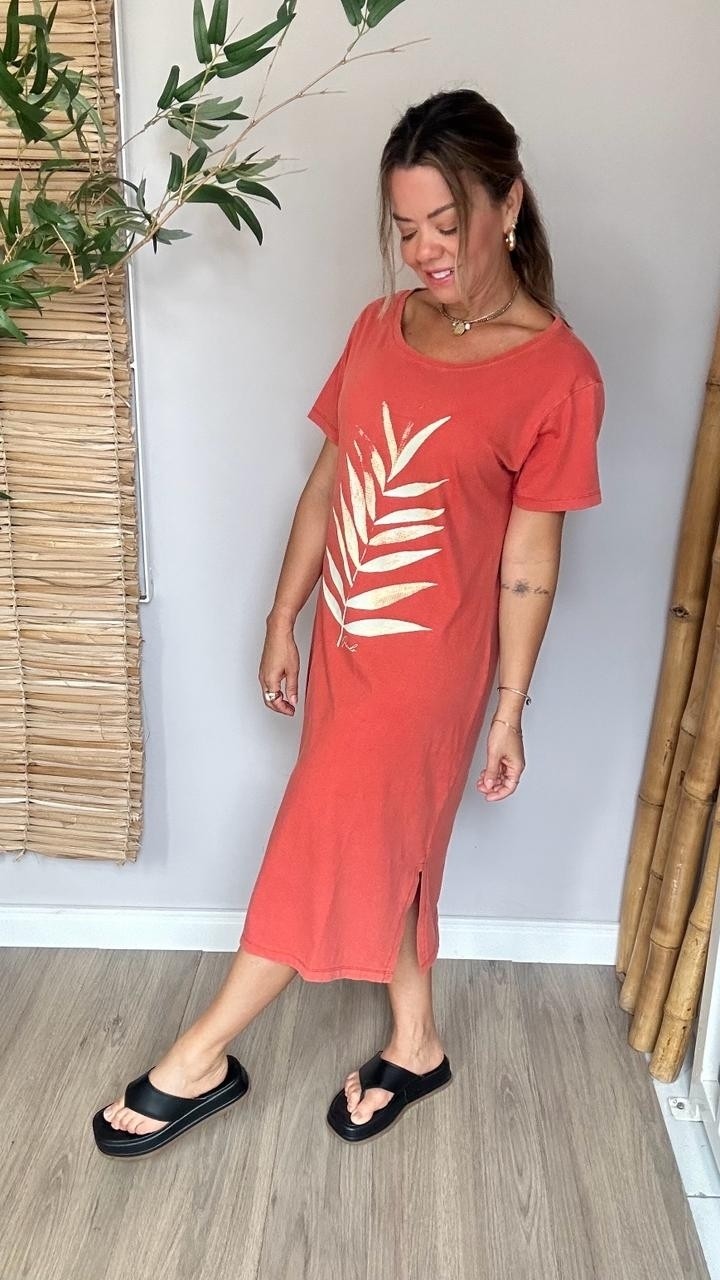 Dress Midi Manga Folha Terracota