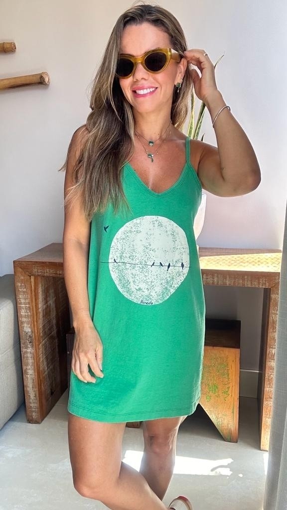 Vestido Curto Alça Lua & Pássaros Verde Especial