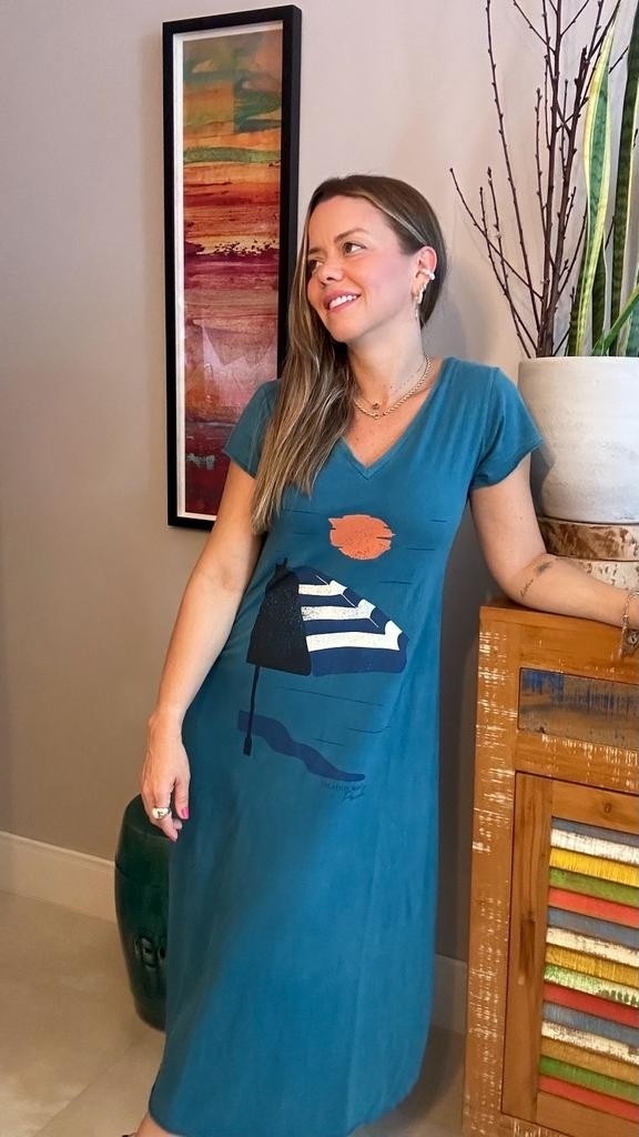 Vestido Gola V  Guarda Sol Azul Turquesa