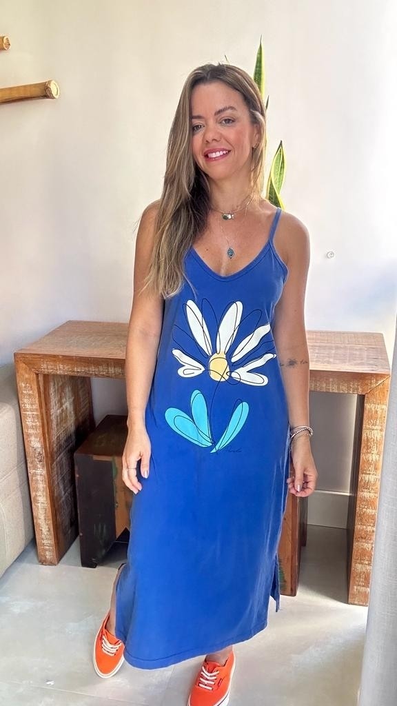 Vestido Midi Alça  Margarida Azul Royal